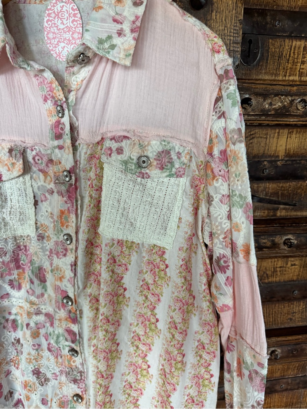 POL Patchwork Floral Button-Up Shirt Jacket in Pink & Cream - Picture 3 of 10